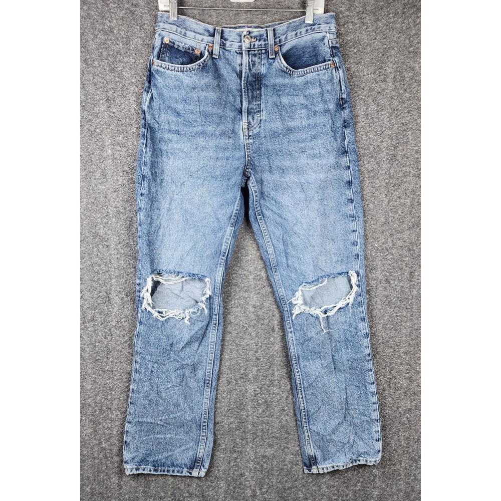 Topshop‎ Dad Jeans Women 28x30 Blue Distressed High Rise Straight Leg Button Fly